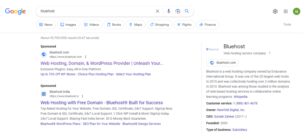 Bluehost web hosting popularity in Google